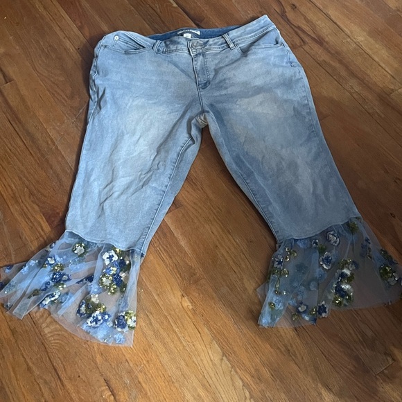 Cato Pants - Cato Blue Wide Leg Pants with Floral Tulle Hem